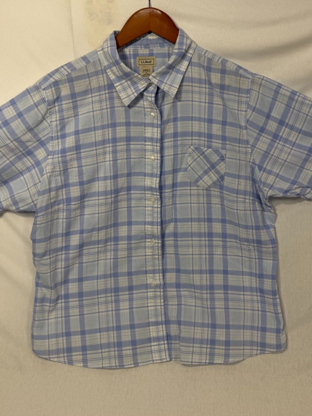 LL Bean Shirt Womens XL Blue Plaid Button Up Short Sleeve 100% Cotton Summer VTG